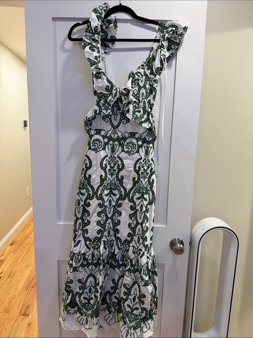 Women’s White and Green Patterned Ruffle Midi Dress